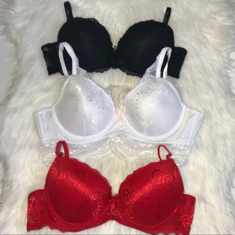 3 Lace Bra 36C Red White Black Push Up & Lined